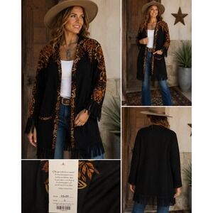 NWT‎ Vintage Collection Mocha Fringe Western Coat Black Embroidered Floral Small